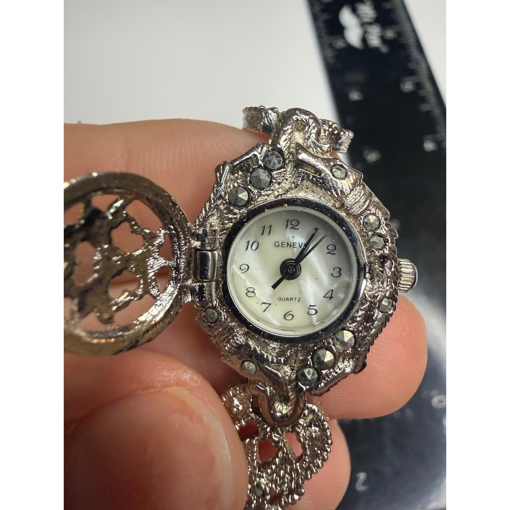 Geneva Silver Tone Filigree Hinged Cover Watch Marcasite Style Heart Link Band